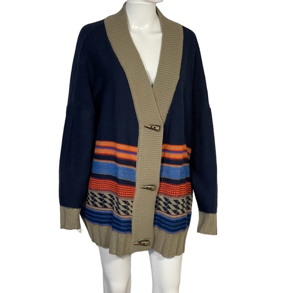 Woman Within Sz 14/16 Navy Tan Striped Horn Button Tunic Cardigan - Picture 1 of 11
